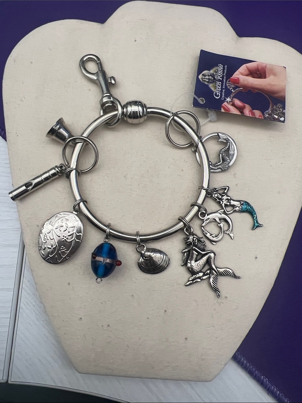 Silver-Tone Mermaid & Ocean Charm Bracelet with Blue Glass Bead